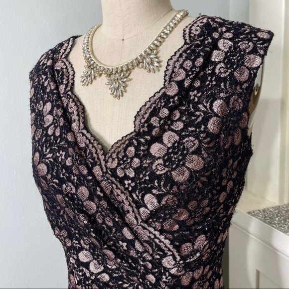 Tahari Lace V Neck Sheath Dress Black & Pink Rose Gold 2 XS - Picture 5 of 11